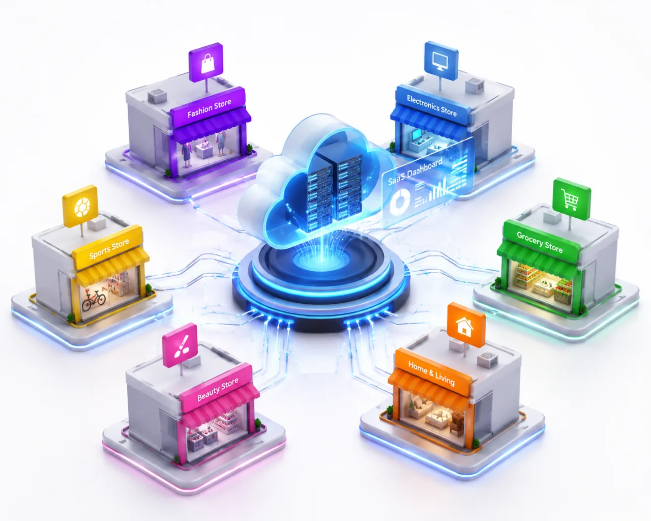 Isometric 3D diagram showing a single core server powering multiple uniquely branded white-label applications.