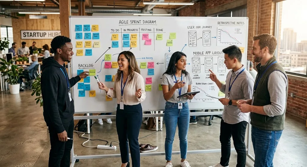 Startup team mapping out an agile roadmap for rapid MVP development and prototyping.